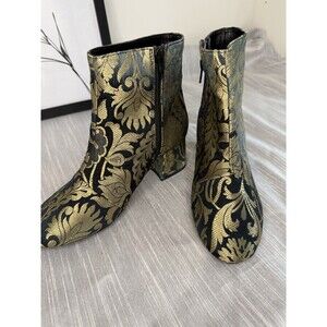 Jujuteh Goldy Locks Metallic Jacquard Ankle Boots Womens 6.5 Black Gold Floral